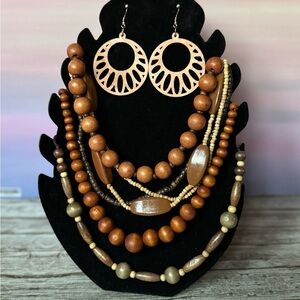 🌿 Boho Wooden Jewelry Set | 3 Layered Necklaces + Statement Earrings